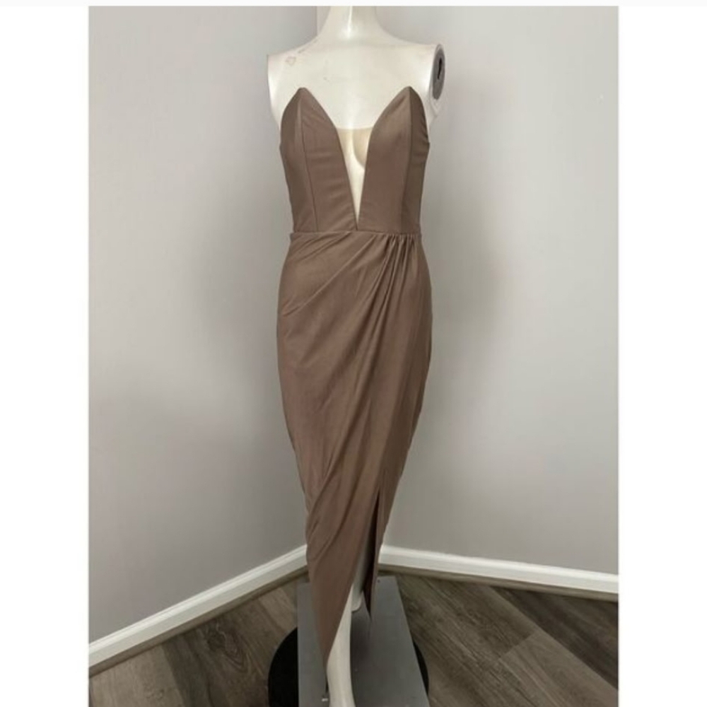 NWT Michael Costello X Revolve Womens Satin Surplice Skirt Jake Gown Taupe Small - Picture 4 of 11
